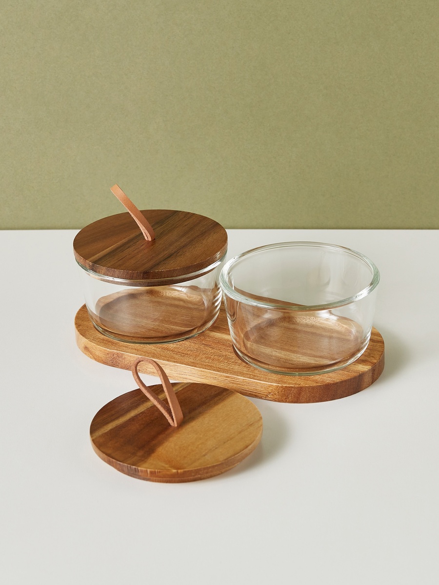 Round 2-Piece Glass Jar Set with Wooden Tray