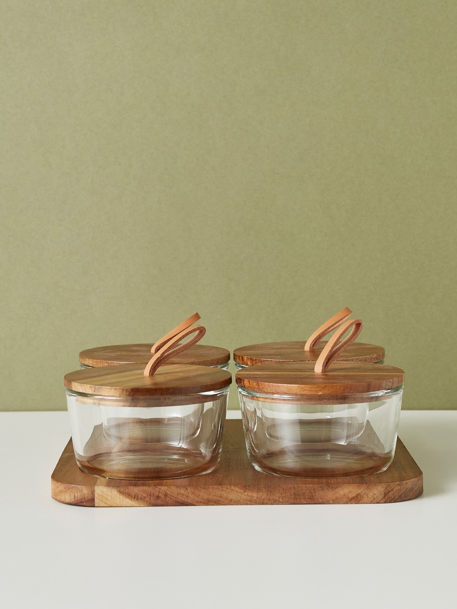 Round 4-Piece Glass Jar Set with Wooden Tray