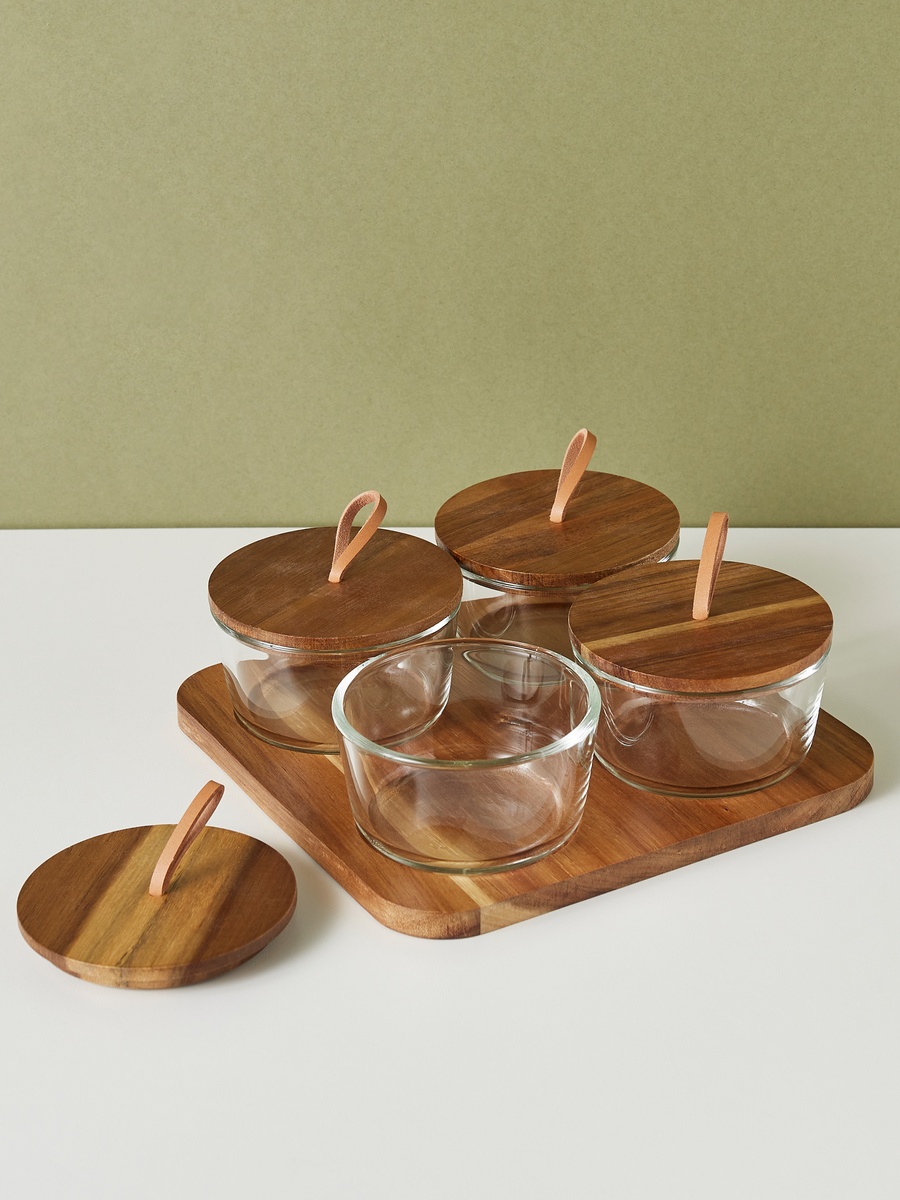 Round 4-Piece Glass Jar Set with Wooden Tray