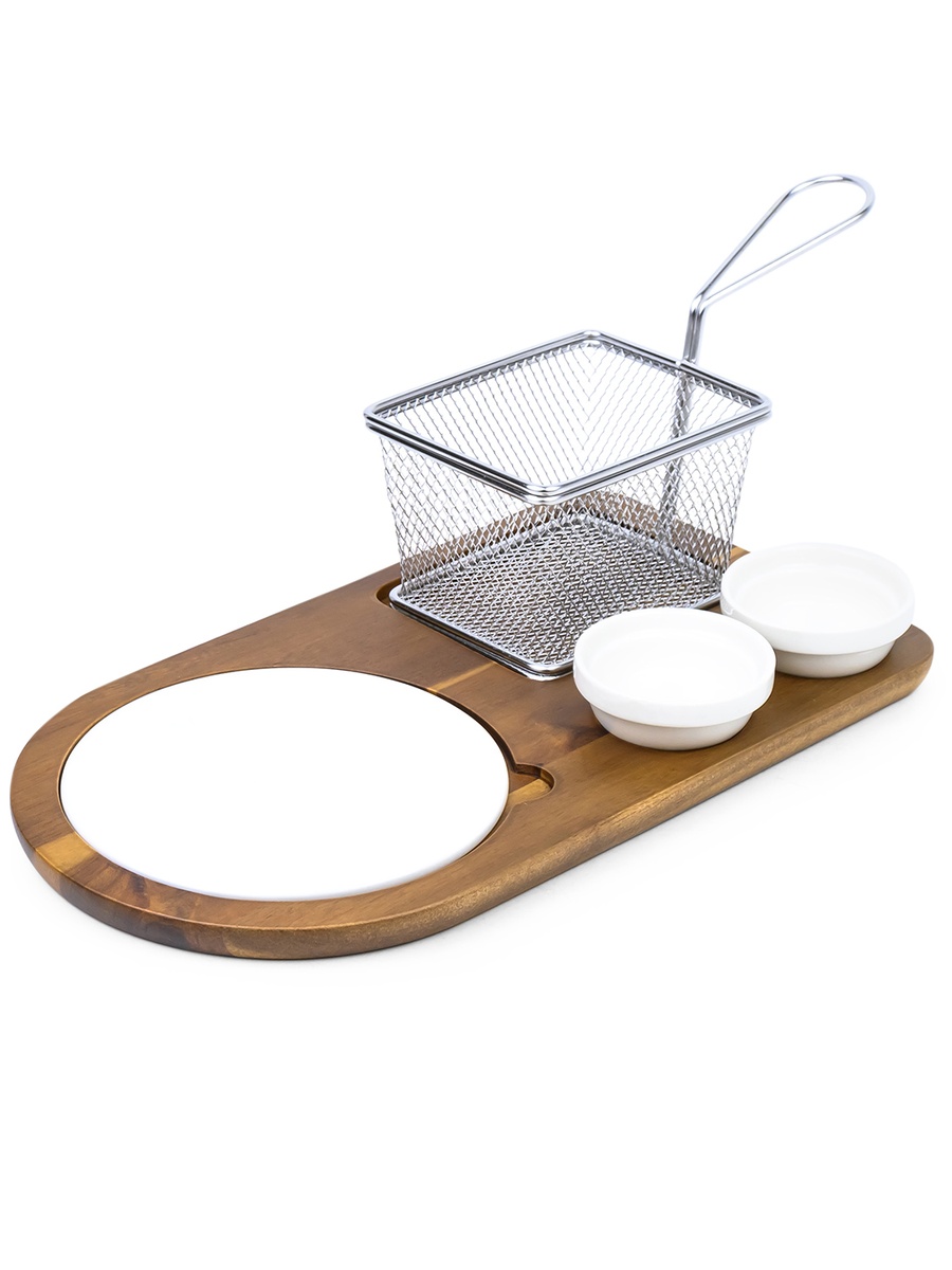 Acacia Wood Porcelain 4-Pieces Serving Set with Basket