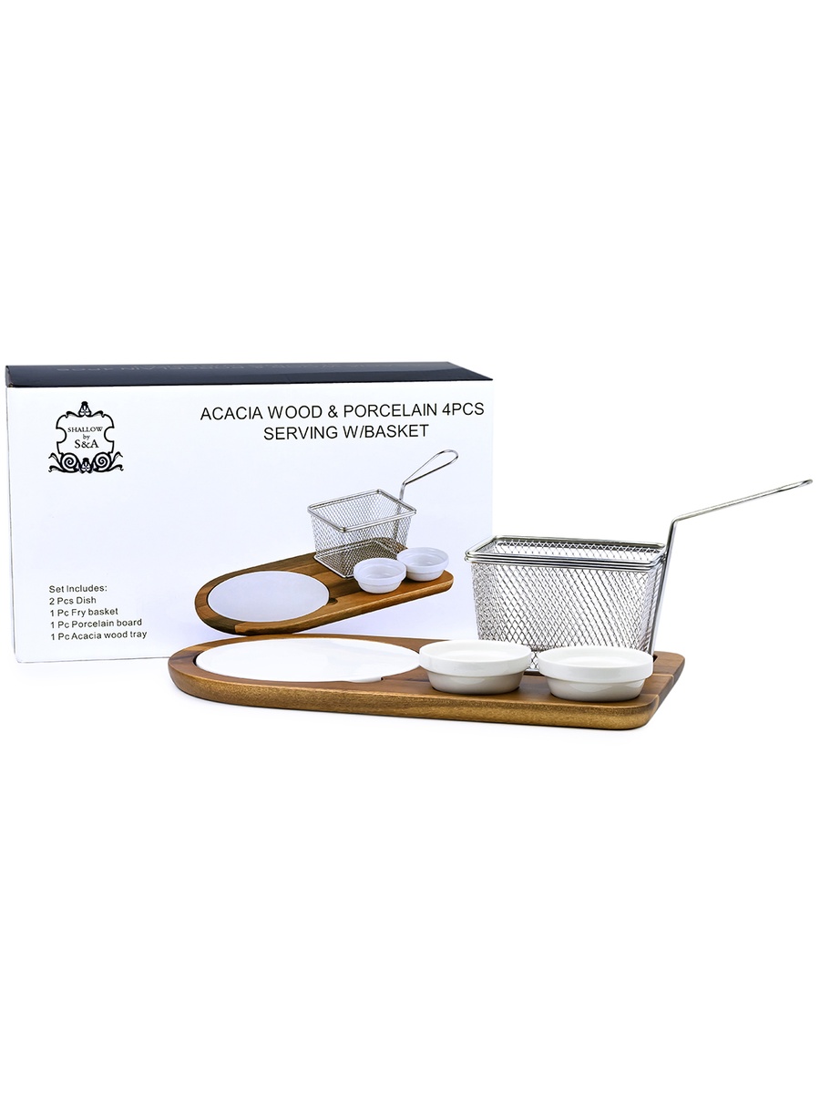 Acacia Wood Porcelain 4-Pieces Serving Set with Basket