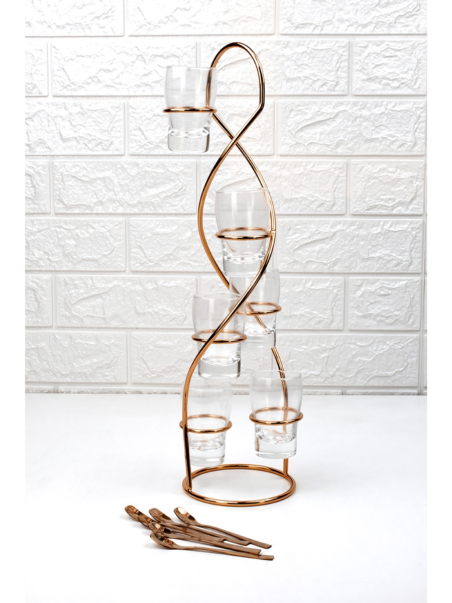 6-Pieces Glass Dessert Set with Rose Gold Stand, 80ml