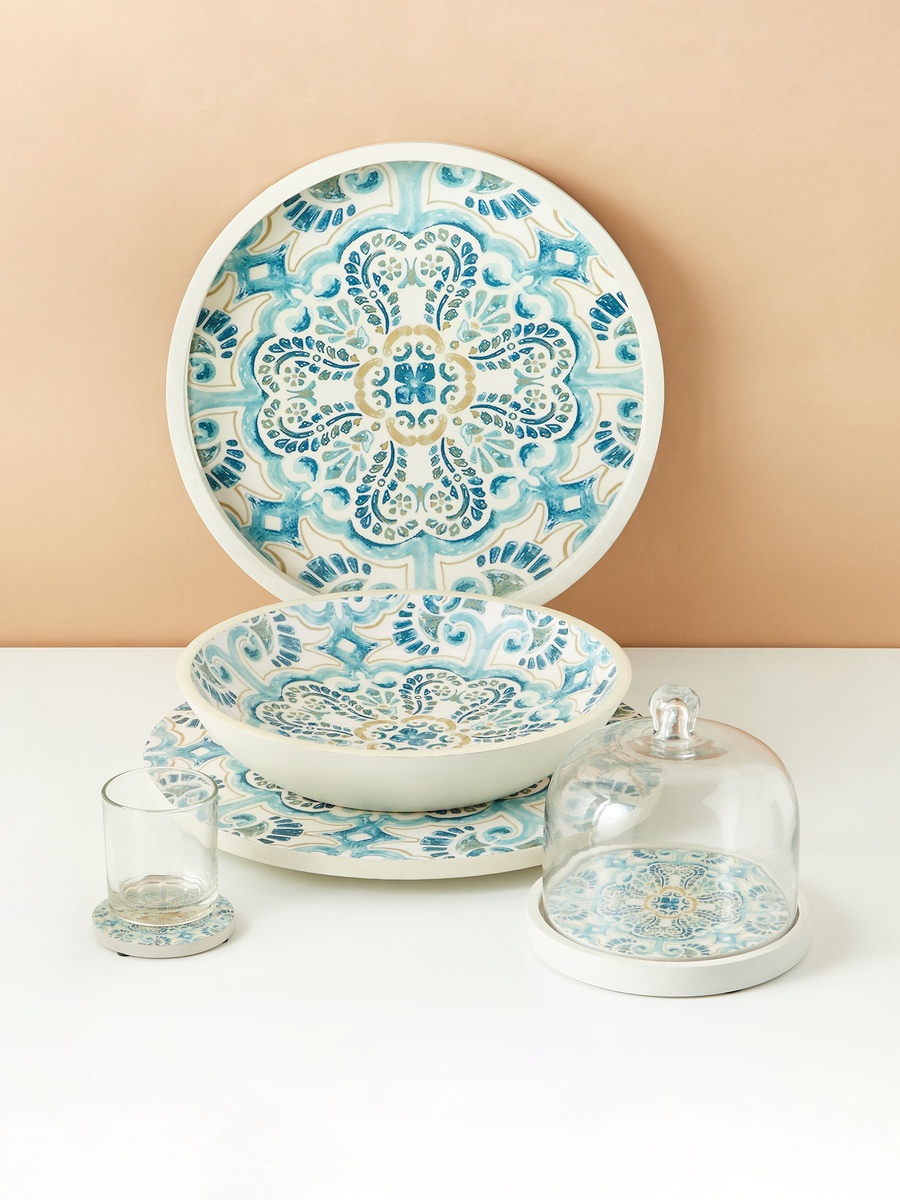 Enamel Coastal Boho 4-Piece Wooden Coaster Set - 10 cm