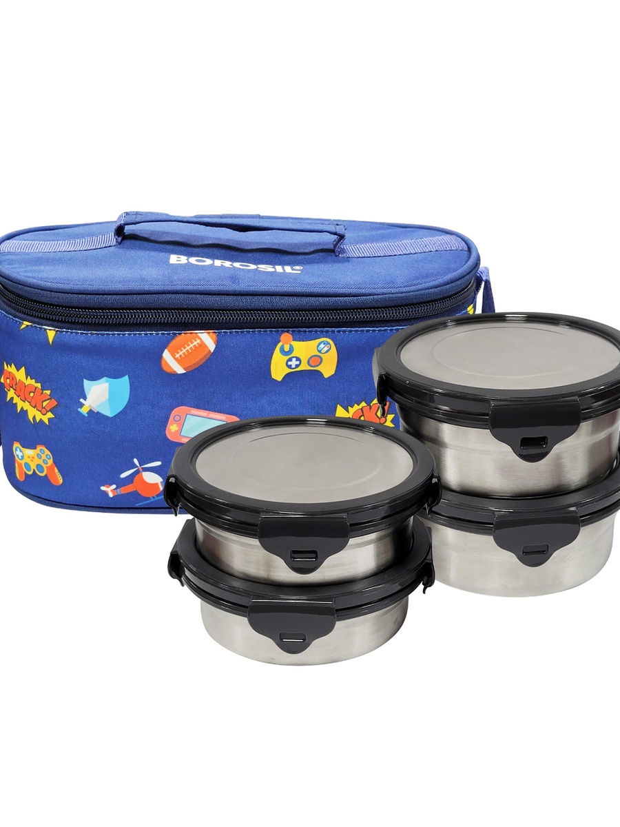 5-Piece Stainless Steel Round Lunch Box with Carry Bag Set