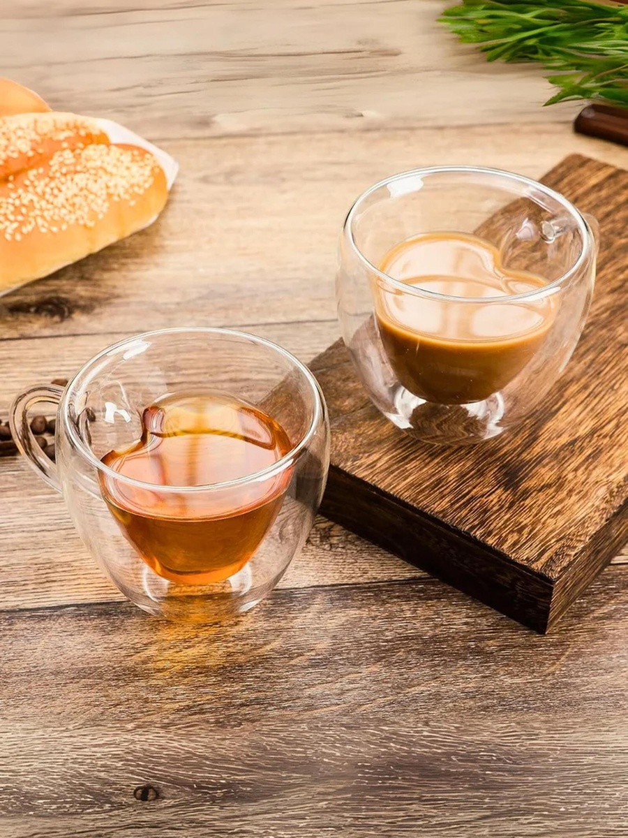 Set of 2 - Heart Shaped Double Wall Glass Coffee Mug With Handle, 180ml