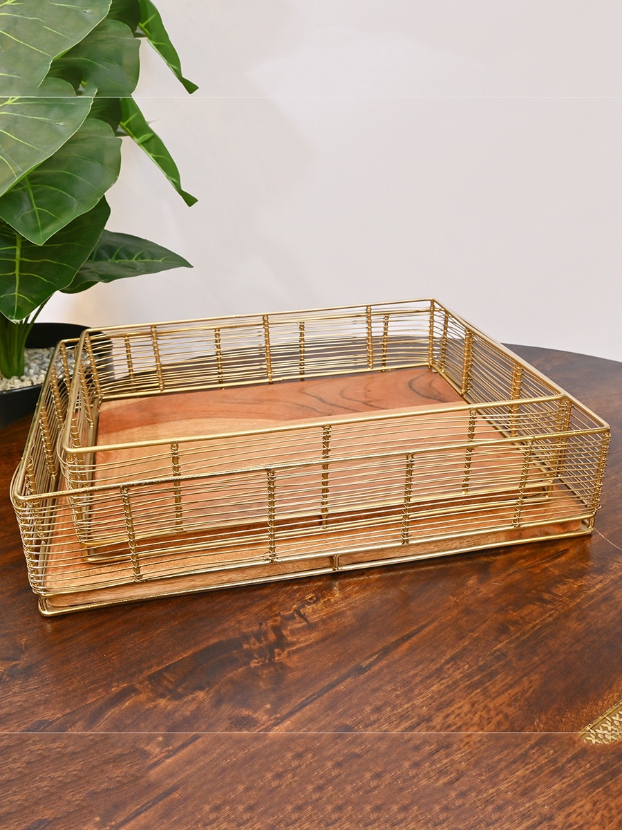 Decorative Tray with Wooden Base - Set of 2