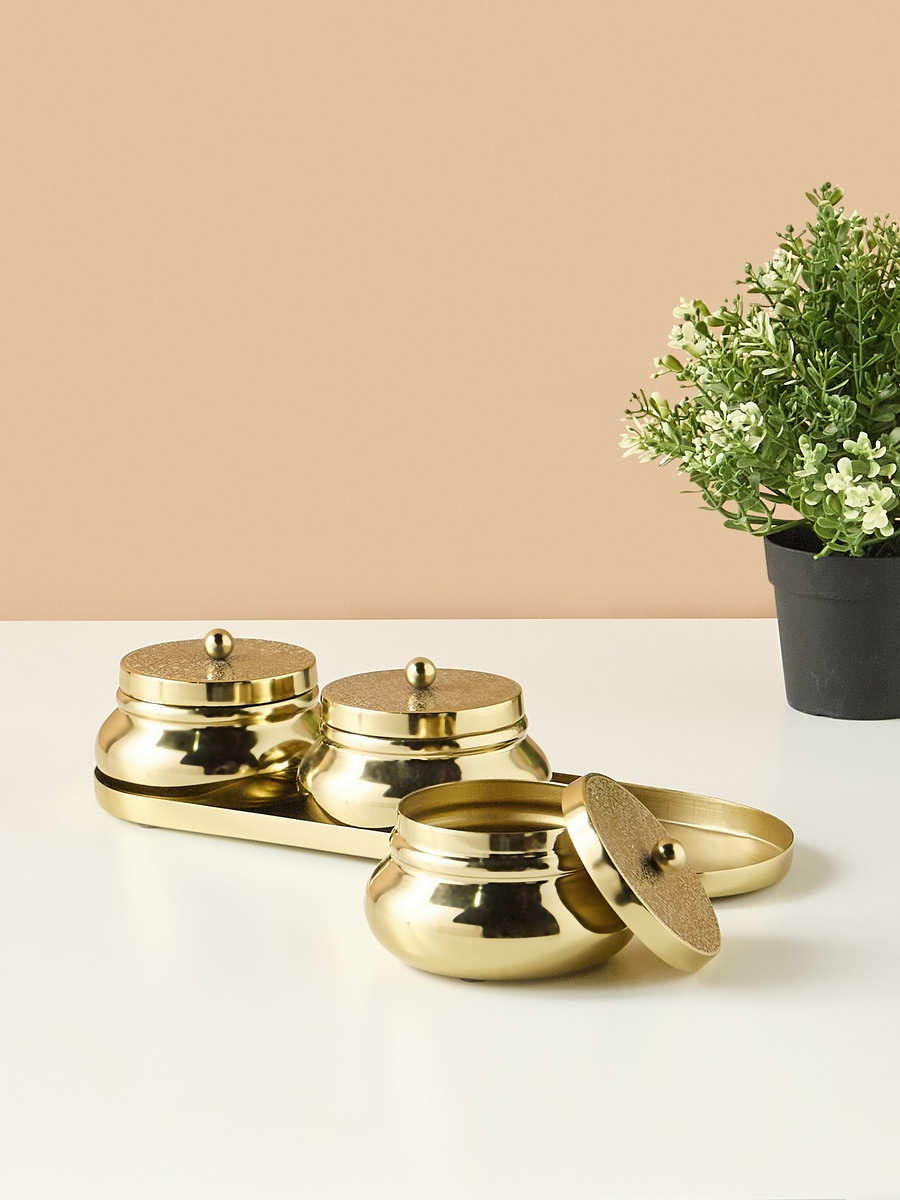 Iron 3-Piece Bowl with Lid and Tray Set