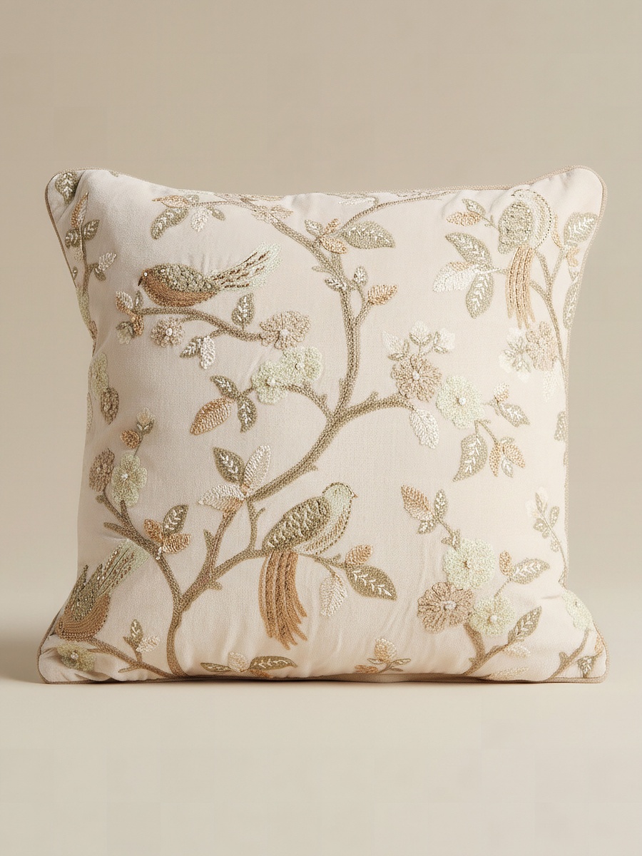 Foila Embroidered Bird Filled Cushion - 50x50 cm