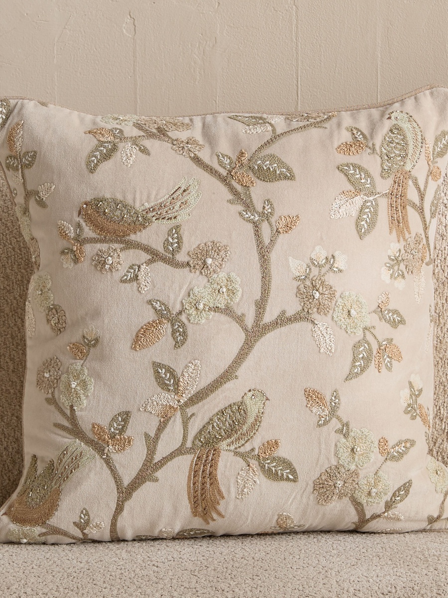 Foila Embroidered Bird Filled Cushion - 50x50 cm