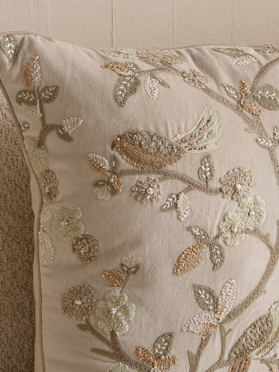 Foila Embroidered Bird Filled Cushion - 50x50 cm