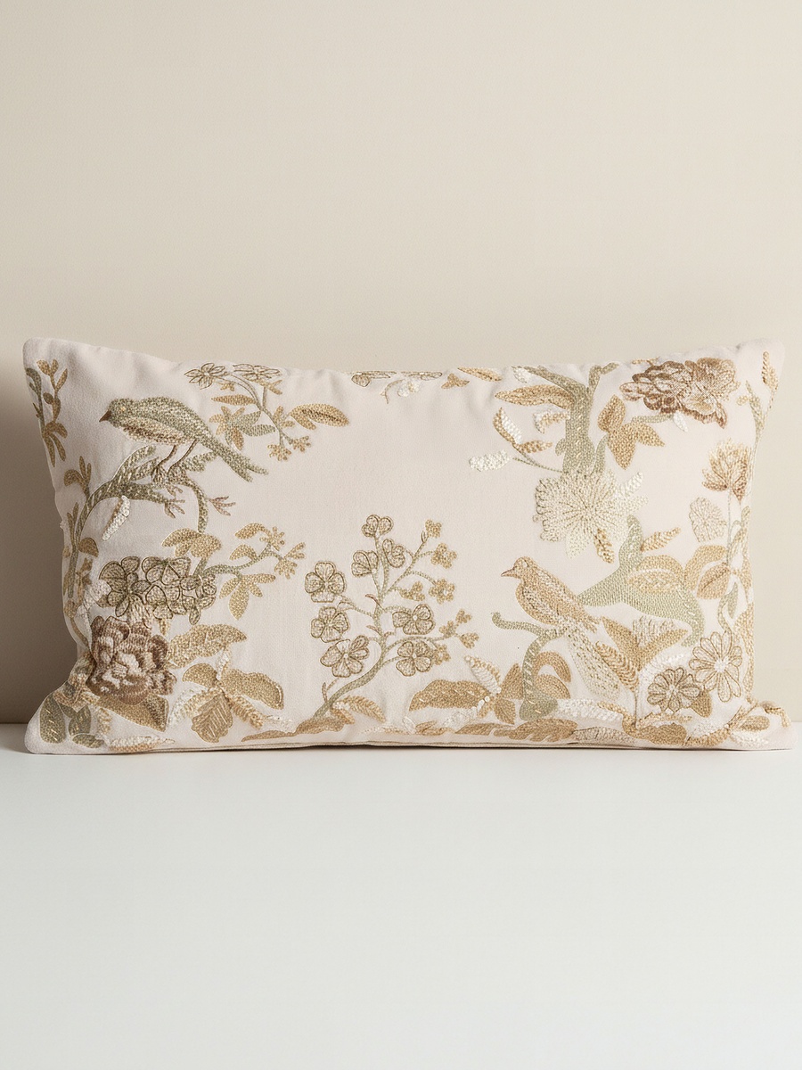 Foila Embroidered Leaf Bird Filled Cushion - 30x50 cm