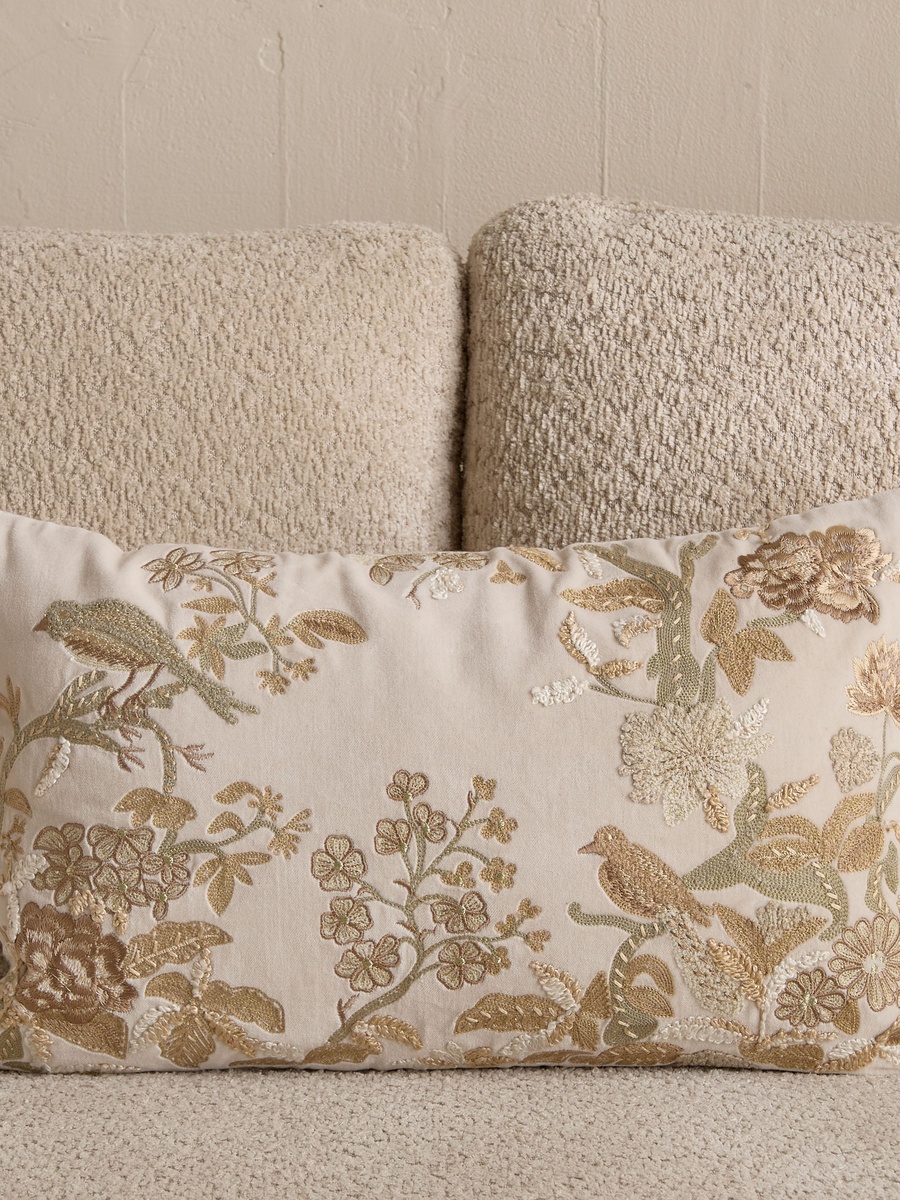 Foila Embroidered Leaf Bird Filled Cushion - 30x50 cm