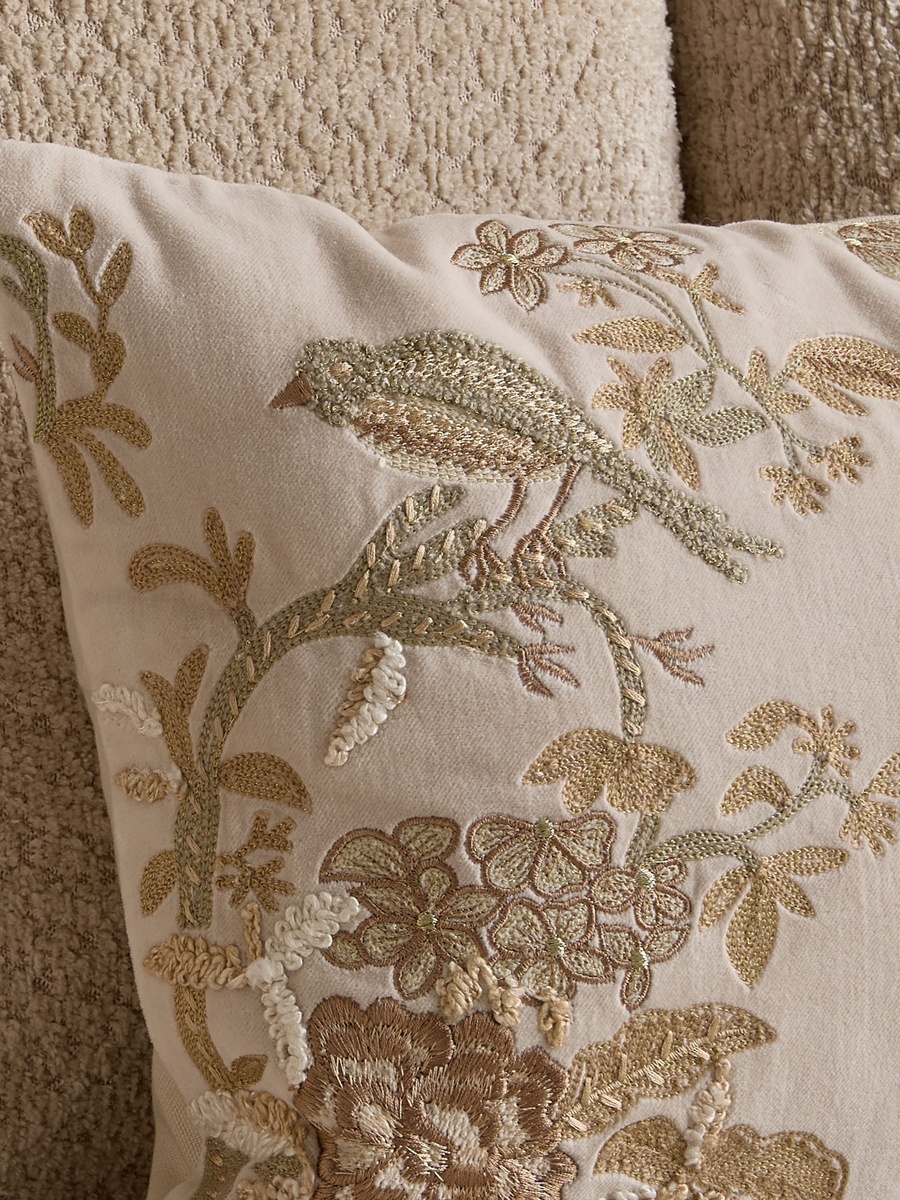 Foila Embroidered Leaf Bird Filled Cushion - 30x50 cm
