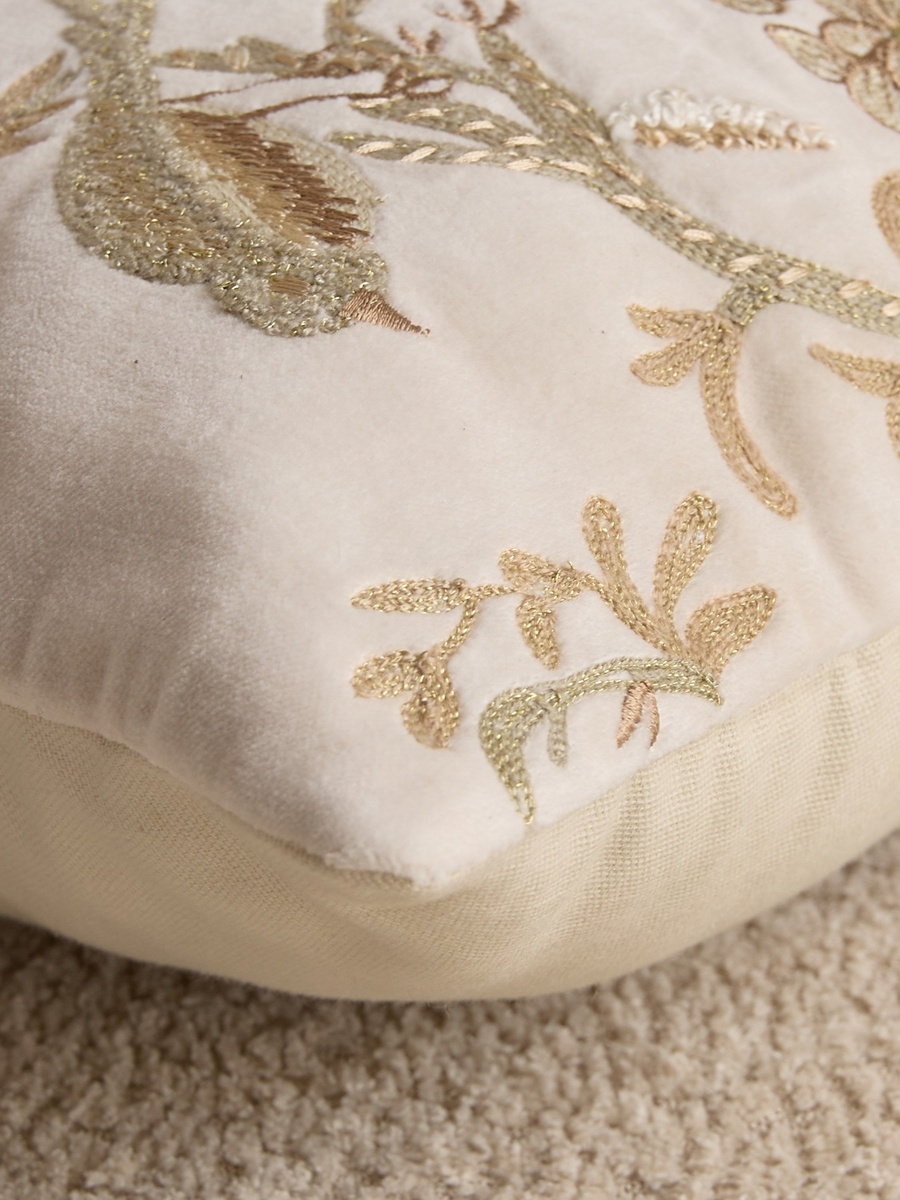 Foila Embroidered Leaf Bird Filled Cushion - 30x50 cm