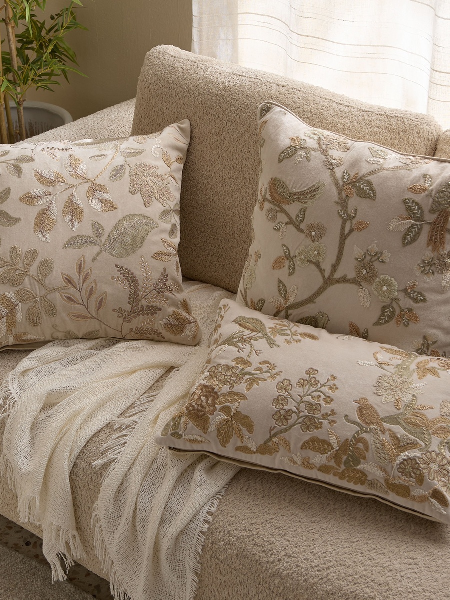Foila Embroidered Leaf Bird Filled Cushion - 30x50 cm