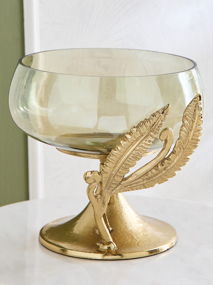 Eternity Bloom Aluminium Fern Twine Pedestal Glass Bowl - 29x28.5x25.5 cm