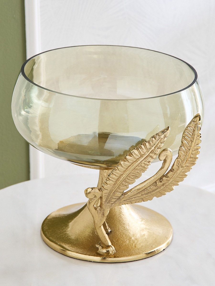 Eternity Bloom Aluminium Fern Twine Pedestal Glass Bowl - 29x28.5x25.5 cm