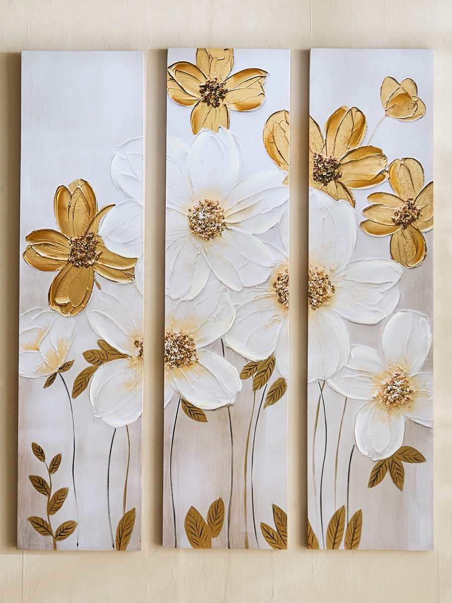Onyx 3-Piece Flowers 40% Hand Painted Wall Art Set - 90x3x120 cm