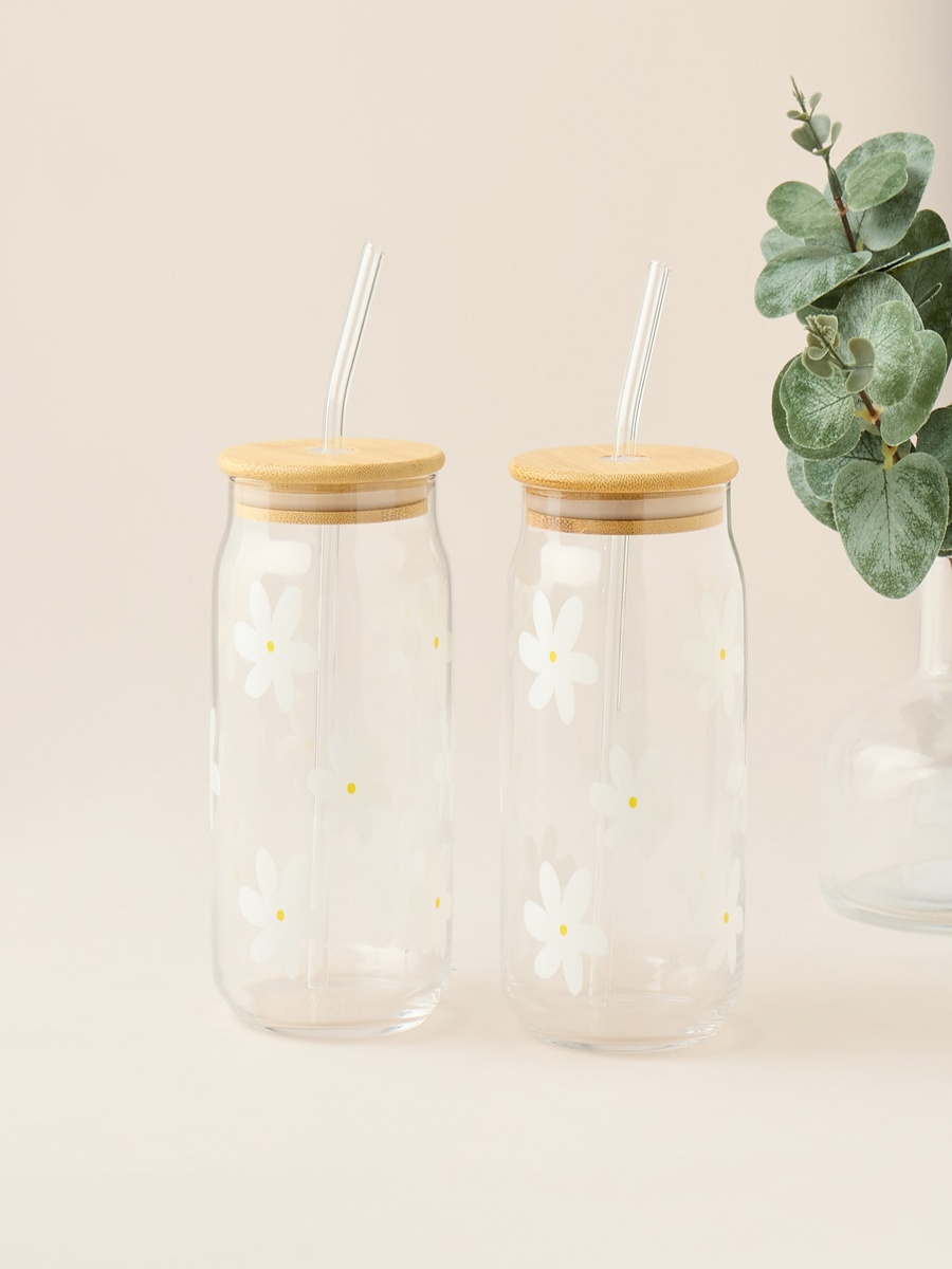 Daisy Print 2-Piece Glass Tumbler with Straw Set