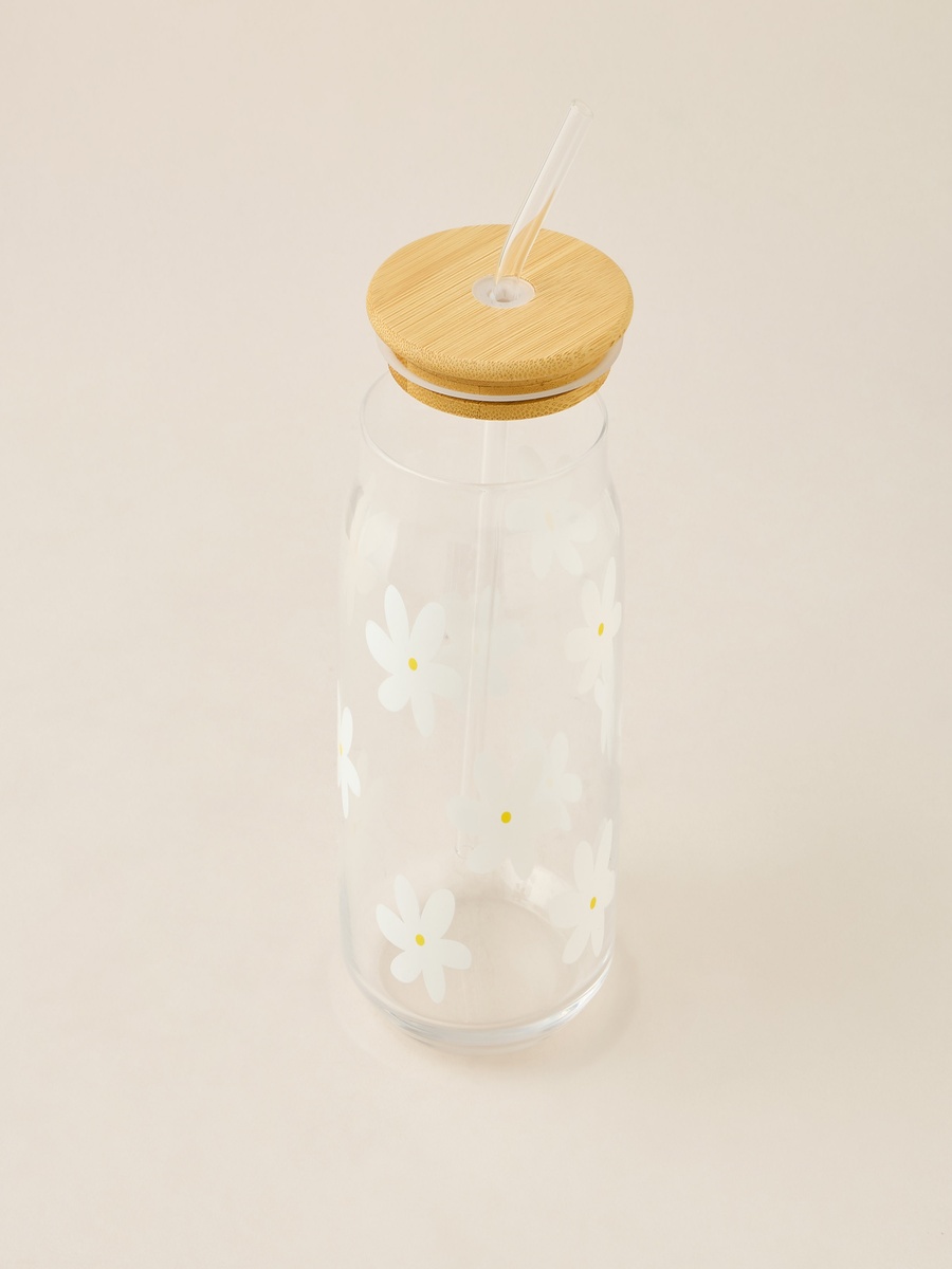 Daisy Print 2-Piece Glass Tumbler with Straw Set