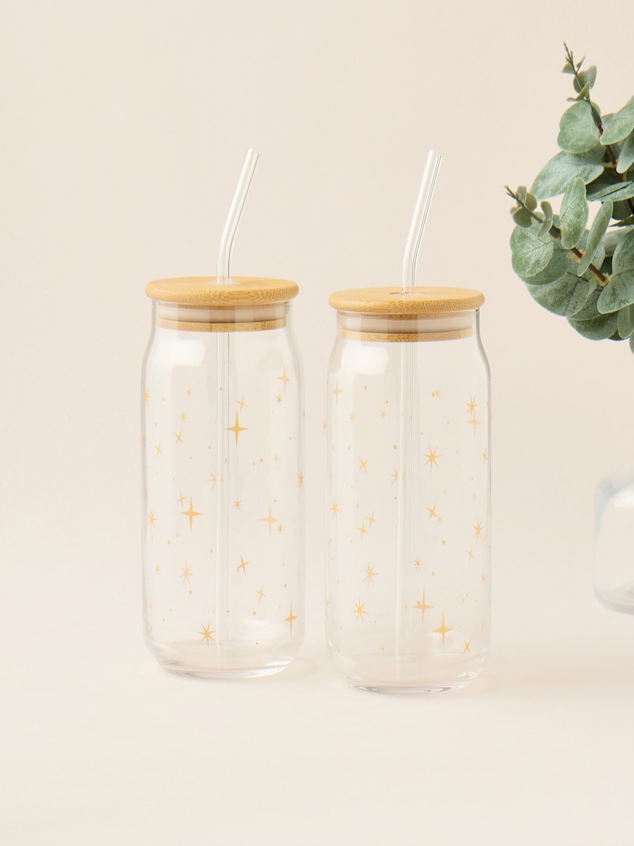 Star Print 2-Piece Glass Sipper Set with Straw - 530 ml