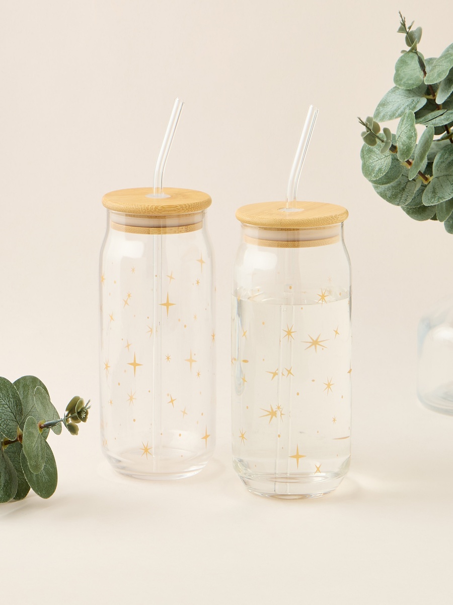 Star Print 2-Piece Glass Sipper Set with Straw - 530 ml