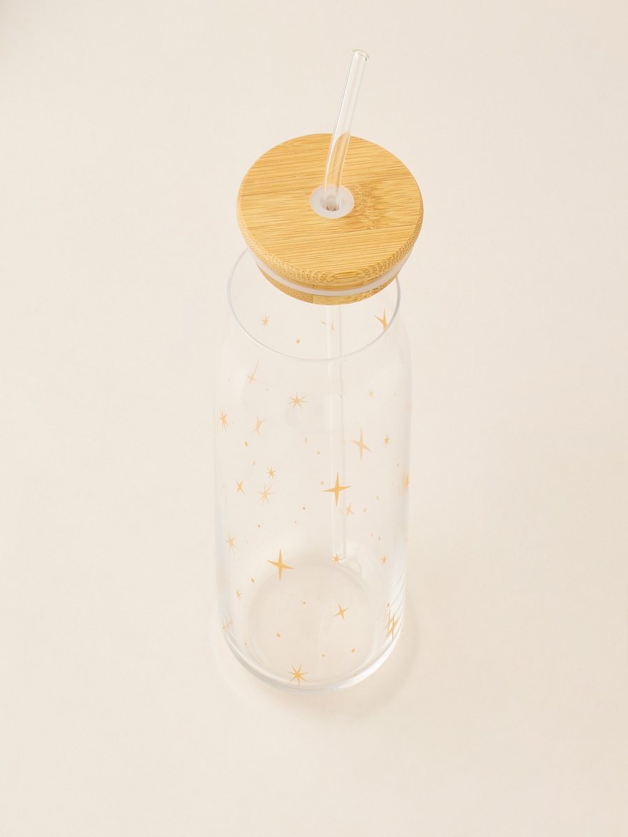 Star Print 2-Piece Glass Sipper Set with Straw - 530 ml