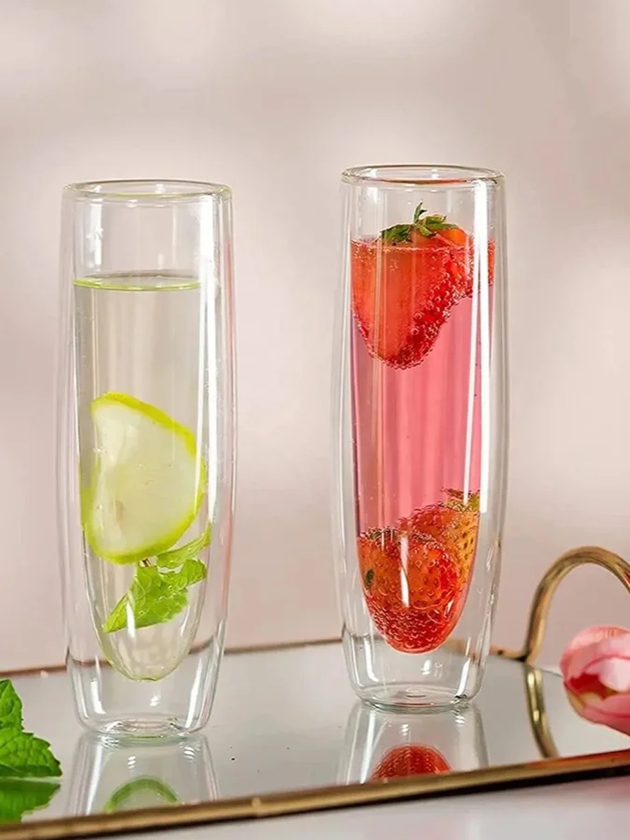 Set of 2- Double Wall Glass Champagne Flutes 250ml