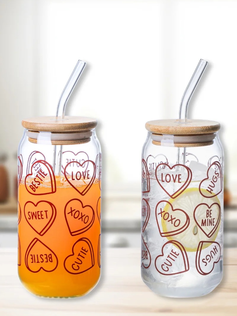 Set of 2 - Valentine-Themed Borosilicate Sipper Glass 350ml