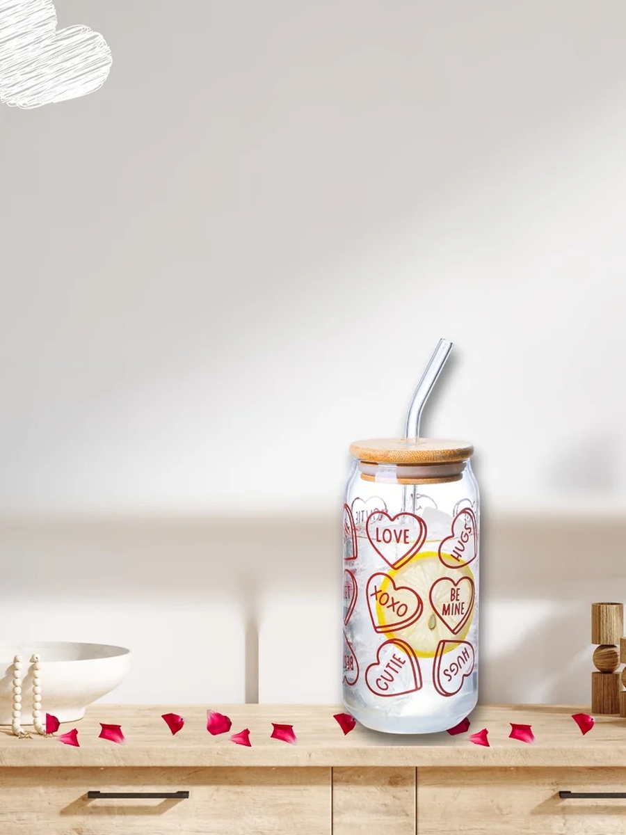 Set of 2 - Valentine-Themed Borosilicate Sipper Glass 350ml