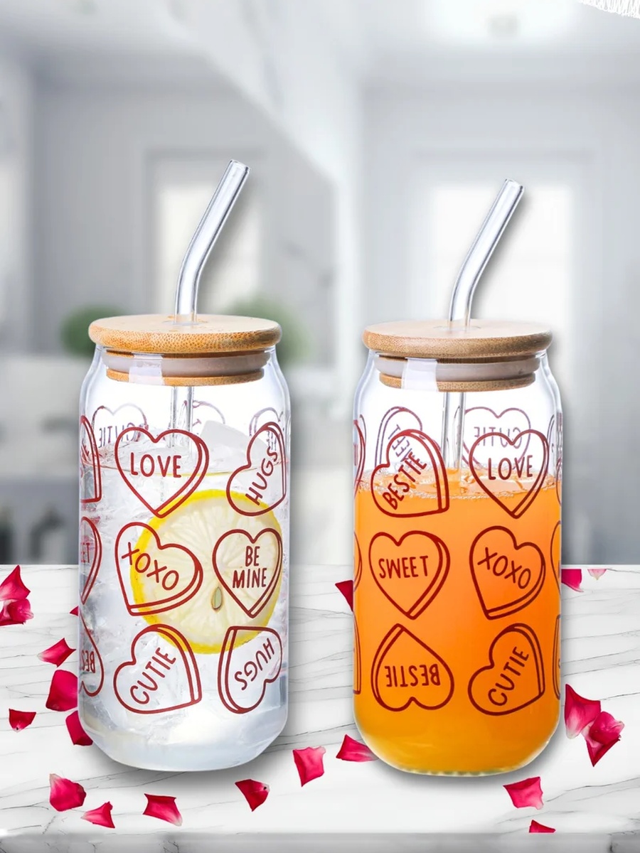 Set of 2 - Valentine-Themed Borosilicate Sipper Glass 350ml