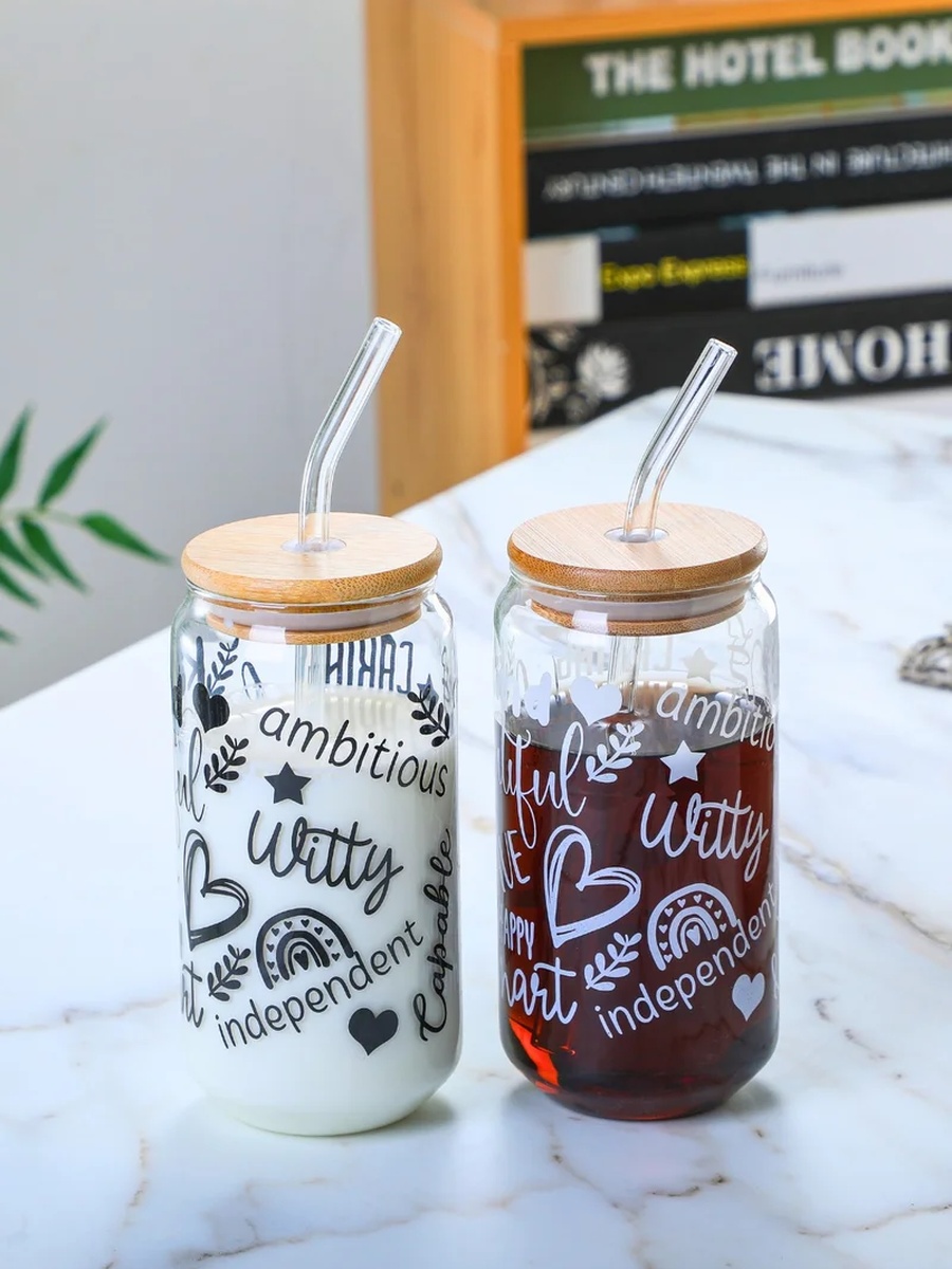 Set of 2 - Positive Quote Sipper Glass 350ml