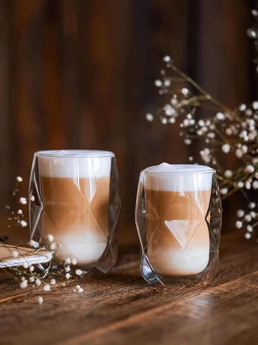 Set of 2 - Double Wall insulated Diamond Shape Coffee Tea Cups 350ml