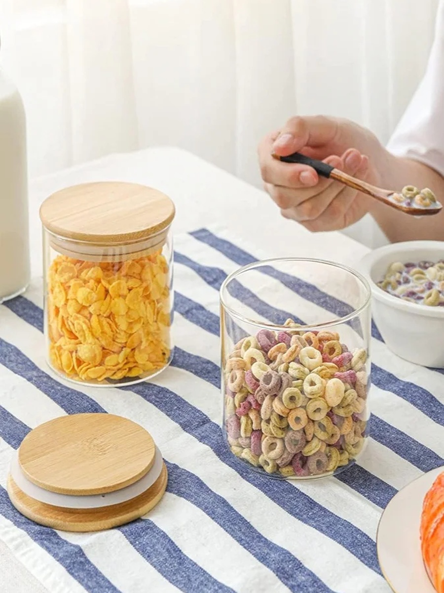 3-Piece Borosilicate Glass Food  Storage Jar With Bamboo Lid 500ml