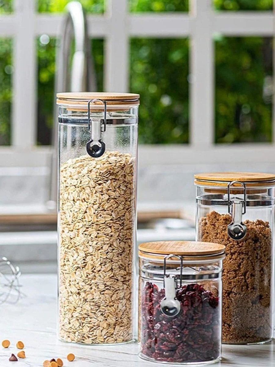 2-Piece Borosilicate Glass Storage Jar With Clip and Airtight Bamboo Lid 750 ML