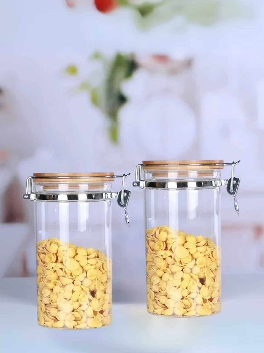 2-Piece Borosilicate Glass Storage Jar With Clip and Airtight Bamboo Lid 750 ML