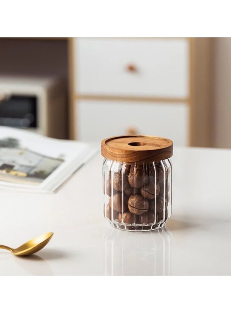 3-Piece Borosilicate Glass Food Storage Jar With Acacia Wood Air Tight Lid 500 ML