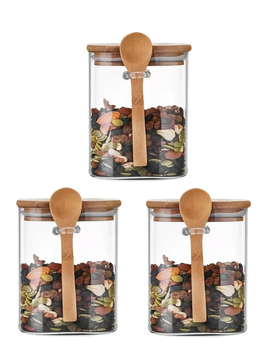 3-Piece Borosilicate Glass Storage Jar with Bamboo Lid and Spoon 1000ML