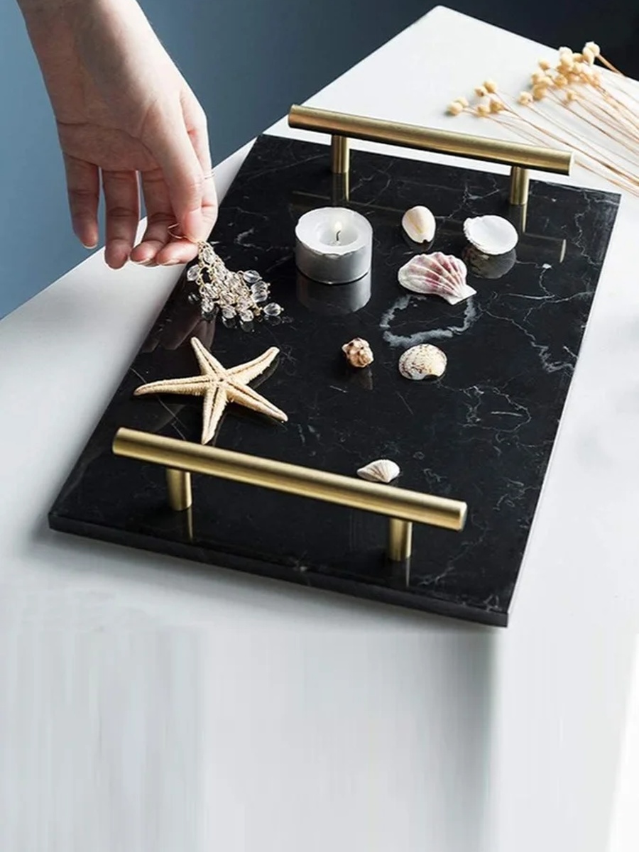 Marble Tray with Gold Handle, Black 30x20 cm