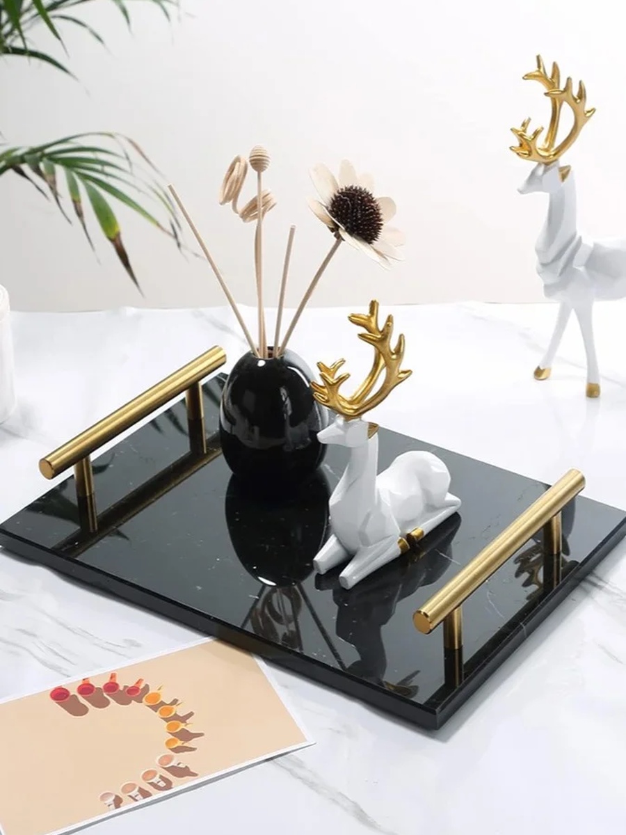 Marble Tray with Gold Handle, Black 30x20 cm