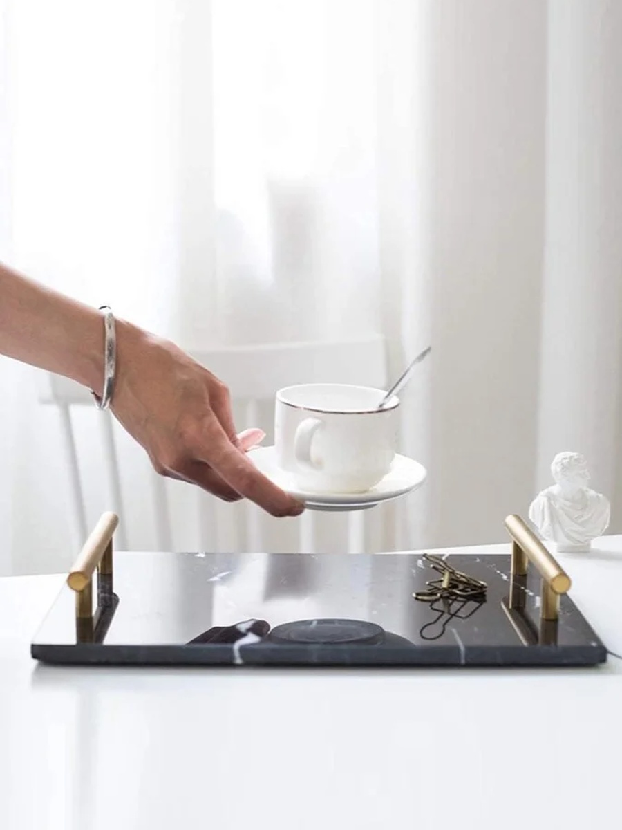 Marble Tray with Gold Handle, Black 30x20 cm