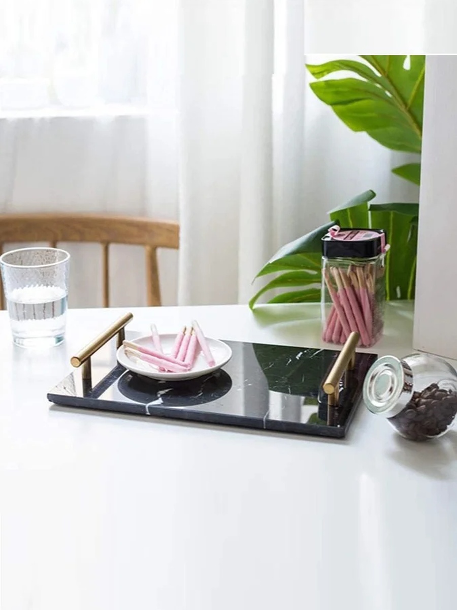 Marble Tray with Gold Handle, Black 30x20 cm