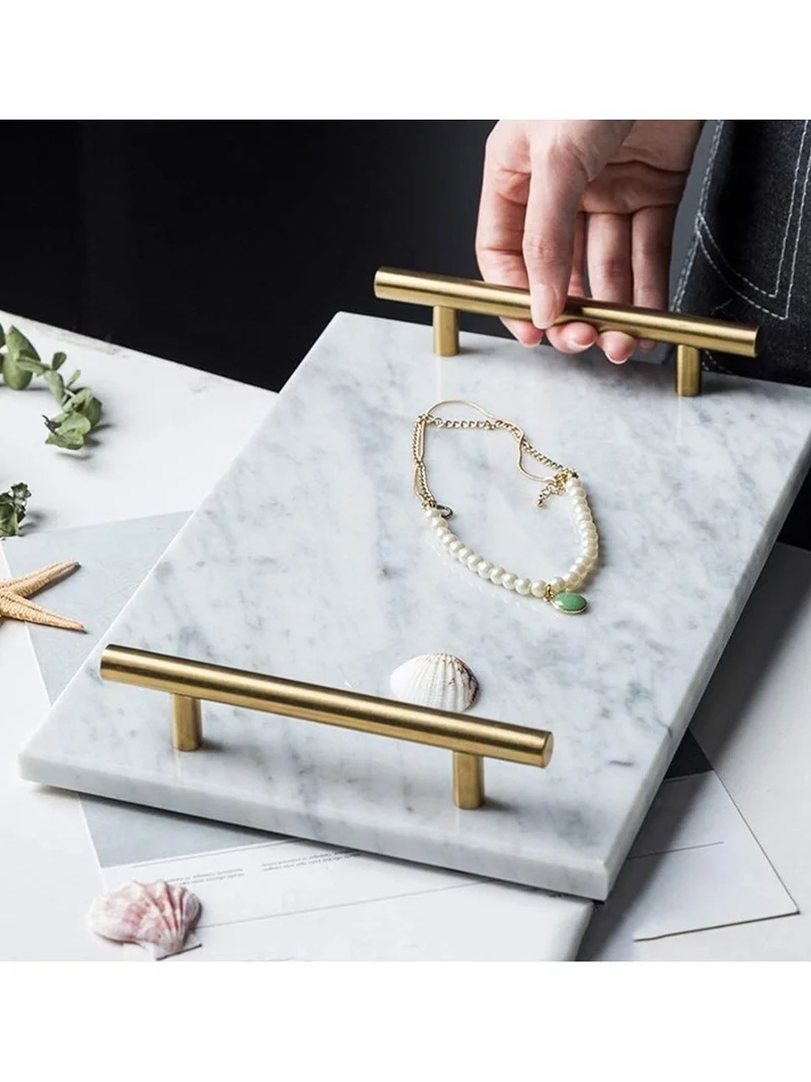Marble Trinket Vanity Tray with Gold Handle 30x20 cm