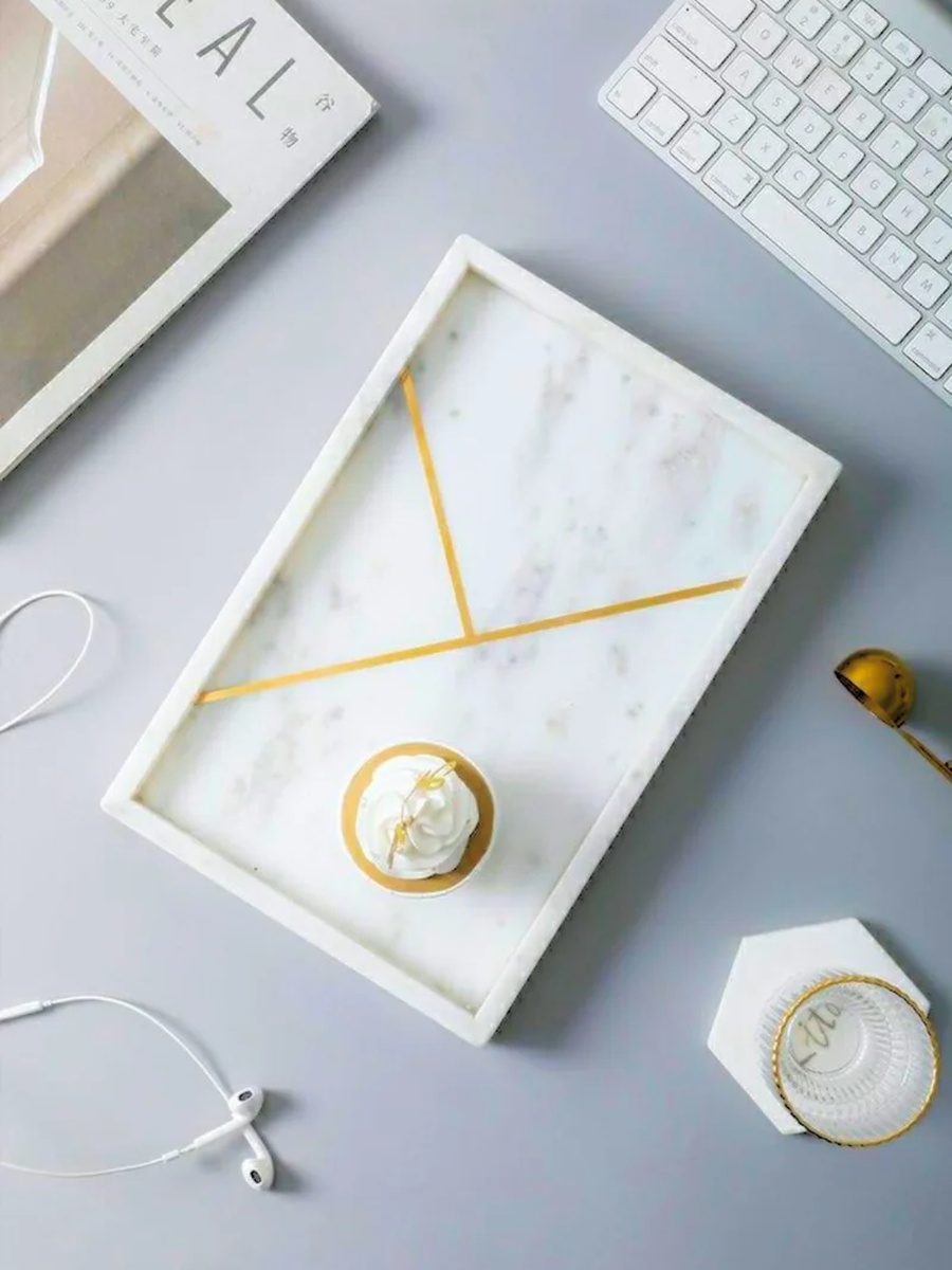 Rectangular Marble Stone Tray with Gold Pattern