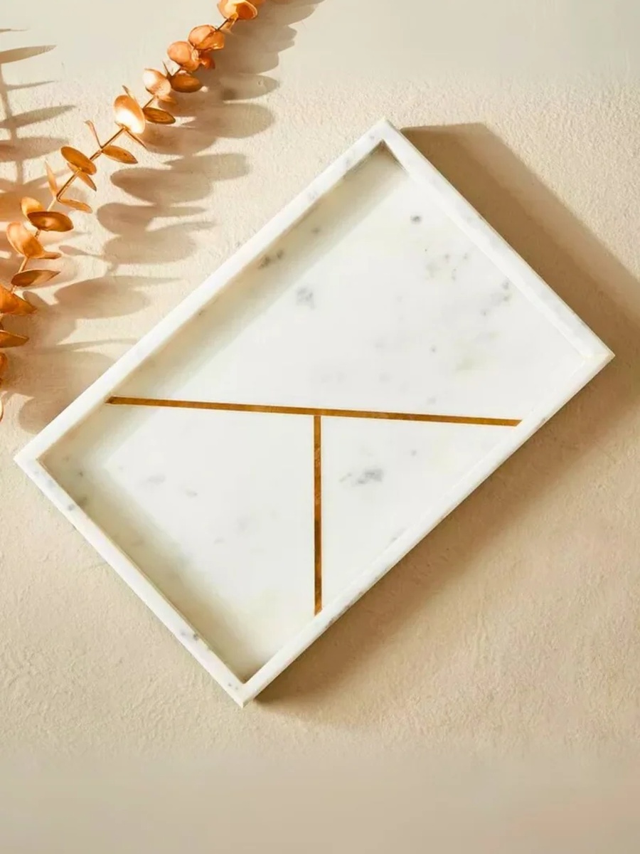 Rectangular Marble Stone Tray with Gold Pattern