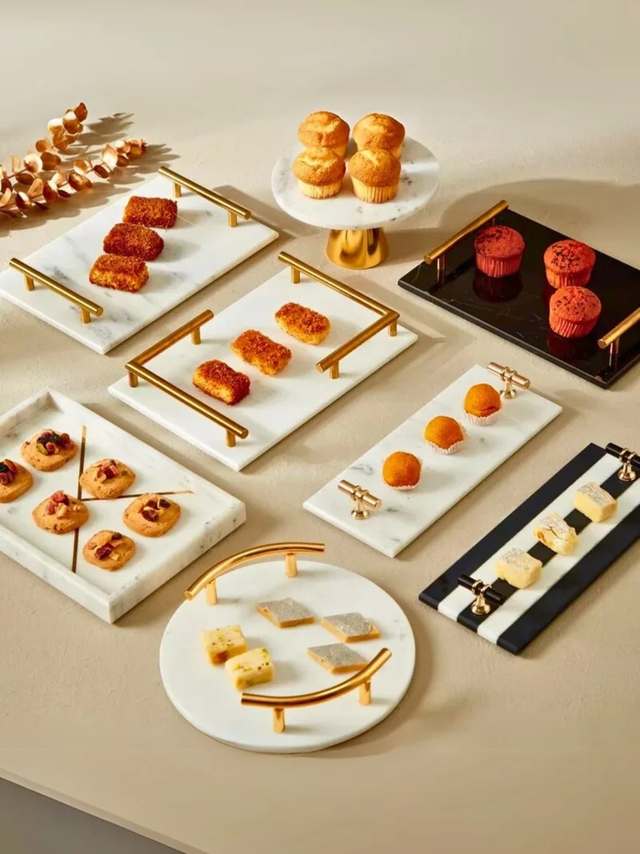 Rectangular Marble Stone Tray with Gold Pattern
