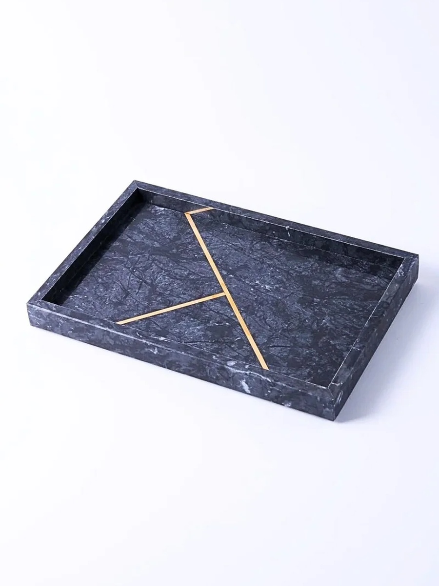 Rectangular Marble Stone Tray with Gold Pattern
