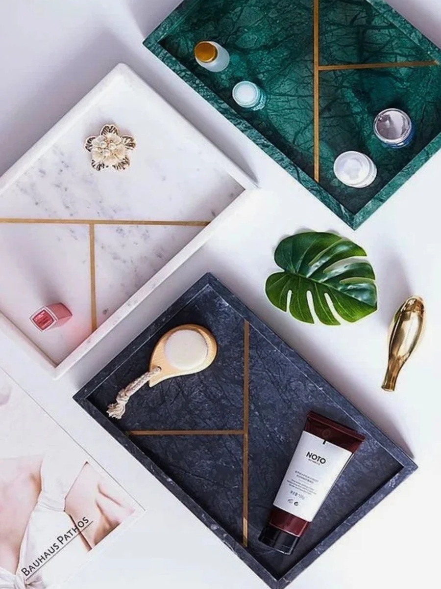 Rectangular Marble Stone Tray with Gold Pattern