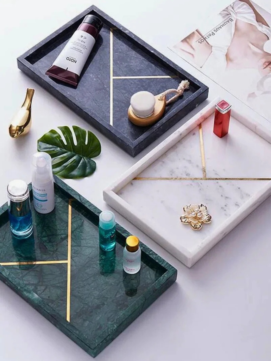 Rectangular Marble Stone Tray with Gold Pattern