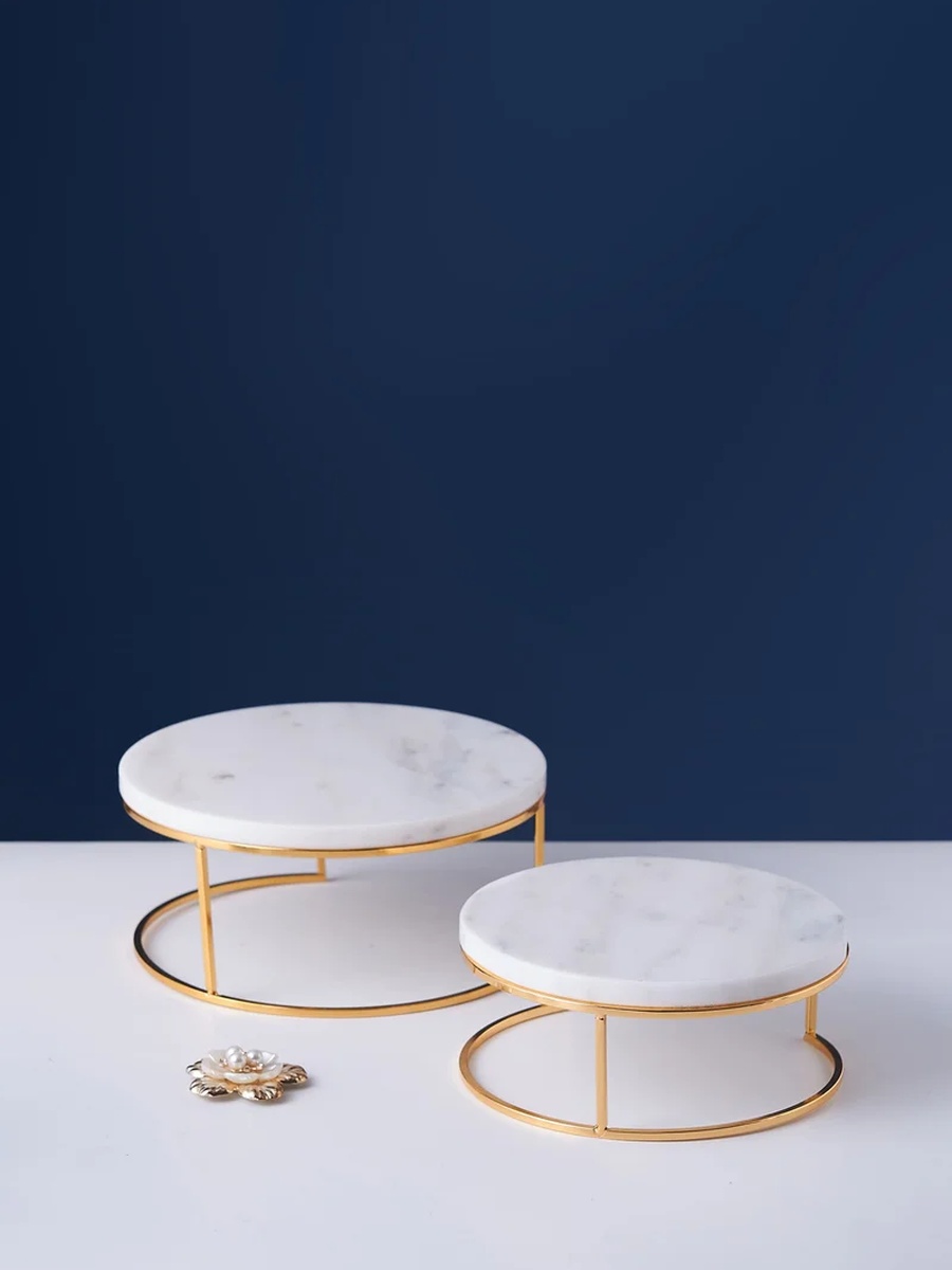 Set of 2 - Round Marble Tray Stand, White